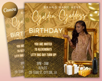 Volantino di compleanno, festeggiata, modello di compleanno, invito fai da te per i social media di Instagram per il compleanno della Dea d'oro. Volantino per capelli, ciglia e unghie Canva.