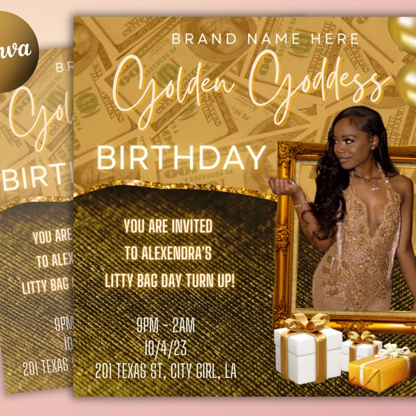 Birthday Flyer, Birthday Girl, Birthday Template, DIY Golden Goddess Bday Social Media Instagram Invitation. Hair Lash Nails  Canva Flyer