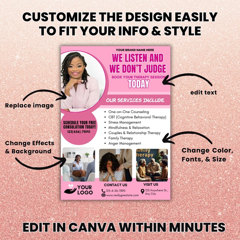 May include: Pink flyer with a photo of a woman smiling. The flyer advertises therapy services, including one-on-one counseling, CBT, stress management, mindfulness, couples therapy, family therapy, and anger management. The flyer includes contact information and a call to action to book a free consultation.