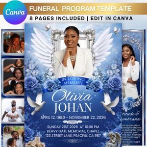 Peut inclure: Un mod&egrave;le de programme fun&eacute;raire bleu et blanc avec une photo d'une femme en blazer blanc, des ailes d'ange, des colombes et des roses bleues. Le texte comprend "In Loving Memory" et le nom "Olivia Johan".