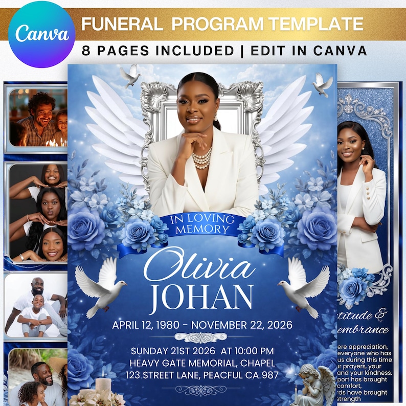 Peut inclure: Un mod&egrave;le de programme fun&eacute;raire bleu et blanc avec une photo d'une femme en blazer blanc, des ailes d'ange, des colombes et des roses bleues. Le texte comprend "In Loving Memory" et le nom "Olivia Johan".