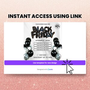 May include: Black Friday sale announcement with a white background and black balloons. The text reads "Black Friday" with a discount of up to 50% off. The text also includes the date November 27 at 12 AM. The text "Shop Now" and "Discount up to 50%" are also included. The text "Use template for new design" is at the bottom of the image.
