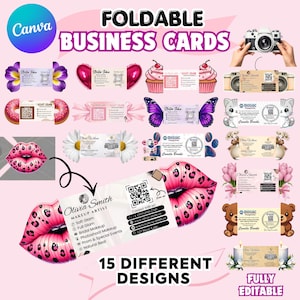 15 plantillas de tarjetas de visita, diseño de tarjeta de visita plegable editable para belleza, tarjeta de visita moderna imprimible, tarjeta con código QR de Canva