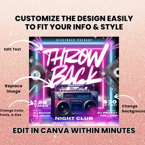 May include: A pink and purple retro party flyer with the words "THROW BACK" in large white letters. The flyer includes a boombox graphic, cassette tapes, and the text "NIGHT CLUB". The flyer is customizable in Canva.