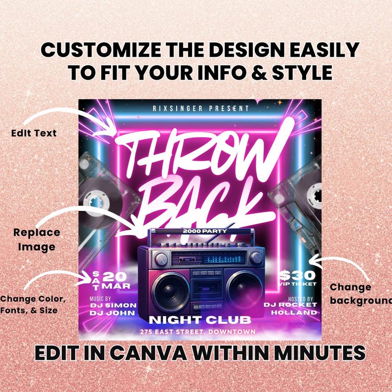 May include: A pink and purple retro party flyer with the words "THROW BACK" in large white letters. The flyer includes a boombox graphic, cassette tapes, and the text "NIGHT CLUB". The flyer is customizable in Canva.