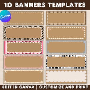 May include: Ten rectangular banner templates with brown centers and various decorative borders including leopard print, red stripes, piano keys, and scalloped edges. The text 10 BANNERS TEMPLATES, Canva, and EDIT IN CANVA | CUSTOMIZE AND PRINT is visible.