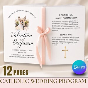 May include: A 12-page Catholic wedding programme booklet featuring a soft pink ribbon tie. The cover displays a watercolour illustration of a couple in front of a church, the names Valentina and Benjamin, and the date October 17, 2026, in California.