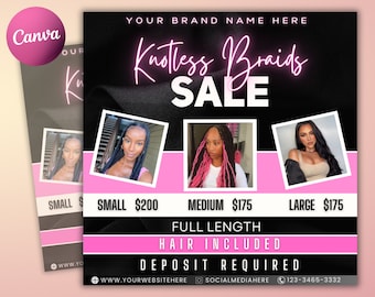 Volantino modificabile per trecce, volantino per capelli fai da te, speciale trecce senza nodi, volantino per prenotare ora, modello Canva modificabile per social media di bellezza, volantino per prenotazioni