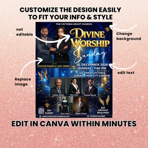 Puede incluir: Un folleto promocional con un fondo azul oscuro, que presenta el texto "Divine Worship Sunday". Incluye im&aacute;genes de personas y texto que indica detalles del evento como la fecha, la hora y el lugar. El folleto es personalizable.