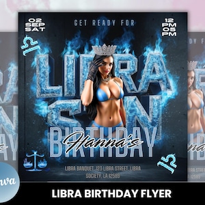 May include: A blue and white birthday party flyer with a woman in a blue bikini and a crown. The flyer says "Get Ready For Libra's Hanna's Birthday" and includes the date and time of the event.