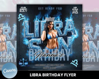 Flyer de aniversário de Libra editável, modelo de aniversário, aniversariante, flyer de aniversário rosa, temporada de Libra, flyer de festa, flyer de celebração
