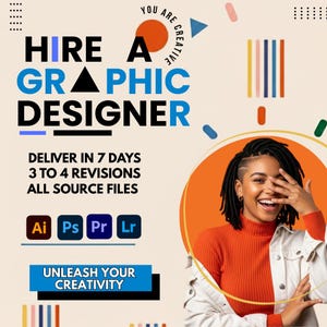 Puede incluir: Un anuncio de servicios de diseño gráfico. El texto dice "CONTRATA A UN DISEÑADOR GRÁFICO", "ENTREGA EN 7 DÍAS, 3 A 4 REVISIONES, TODOS LOS ARCHIVOS FUENTE". Incluye iconos de software Ai, Ps, Pr y Lr. Una persona sonríe en la imagen.