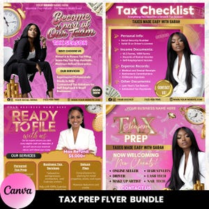 May include: A pink and gold flyer bundle for tax preparation services. The flyer features a woman with a professional look and the text "Tax Prep Flyer Bundle".