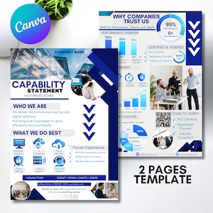 Peut inclure: Modèle de deux pages en bleu et blanc. La première page est une déclaration de capacité avec le texte « Qui nous sommes » et « Ce que nous faisons de mieux ». La seconde page présente des aperçus de performances et un code QR.