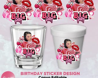 Pink Birthday Sticker, Styrofoam Cup Sticker, Shot Glass, T-Shirt Design, Canva Template, Instant Download