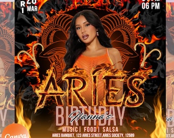 Aries Birthday Flyer, Birthday Flyer Templates, Girl Birthday Party Flyer, Celebration Flyer, Black & Silver Birthday Event Flyer Invitation