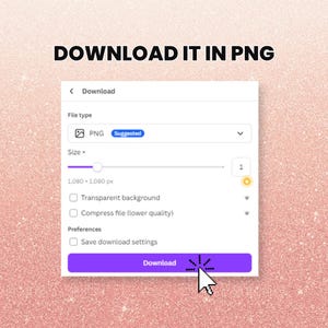 Puede incluir: Captura de pantalla de una interfaz de descarga con el texto "DOWNLOAD IT IN PNG". La interfaz muestra opciones de tipo de archivo, configuraciones de tama&ntilde;o y un bot&oacute;n morado "Descargar". El fondo es rosa brillante.
