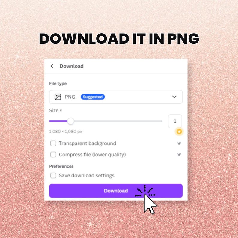 Puede incluir: Captura de pantalla de una interfaz de descarga con el texto "DOWNLOAD IT IN PNG". La interfaz muestra opciones de tipo de archivo, configuraciones de tama&ntilde;o y un bot&oacute;n morado "Descargar". El fondo es rosa brillante.