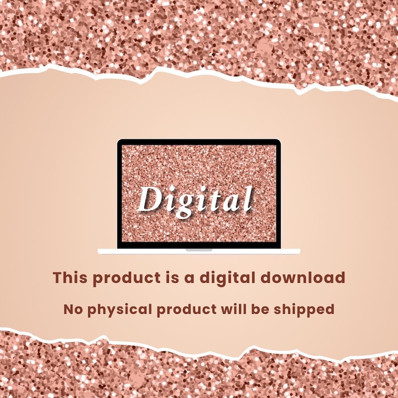 K&ouml;nnte beinhalten: Ein Laptop-Bildschirm zeigt das Wort "Digital" in Wei&szlig; vor einem glitzernden Hintergrund und bewirbt ein digitales Download-Produkt. Das Bild ist vor einem pfirsichfarbenen Hintergrund mit einem glitzernden Rand platziert.