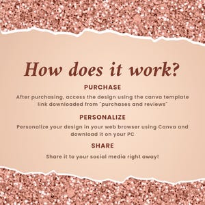 May include: A digital graphic with a rose gold glitter background and a torn paper effect. Text reads "How does it work?" followed by instructions for purchasing, personalizing, and sharing a design.