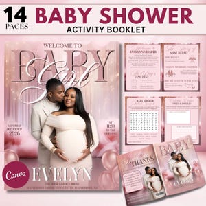 Puede incluir: Un folleto de actividades de 14 páginas para baby shower con temática rosa y la foto de una pareja en la portada. Incluye secciones para la historia de los padres, un cronograma, una sopa de letras, un rincón creativo para notas y tarjetas de agradecimiento.