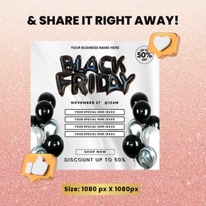 May include: Black Friday sale announcement with a white background and black balloons. The text reads "Black Friday" with a discount of up to 50% off. The date is November 27th at 12 AM.  Shop now.