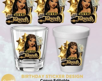 Black And Gold Birthday Sticker, Styrofoam Cup Sticker, Shot Glass, All Zodiac Signs, T-Shirt Design, Canva Template, Instant Download