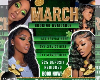 March Booking Flyer St. Patrick Day Sale Flyer Book Now Flyer Hair Braid Lash Nail MUA Booking Flyer Editable in Canva Instant Download