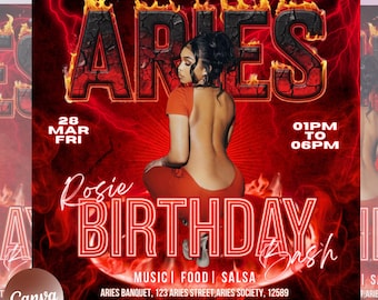 Aries Birthday Flyer, Birthday Flyer Templates, Girl Birthday Party Flyer, Celebration Flyer, Black & Silver Birthday Event Flyer Invitation