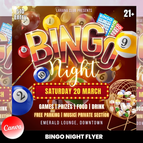 Editable Bingo Night Flyer | DIY Canva Template for Club, Casino Party Template, Church, & Game Night Events
