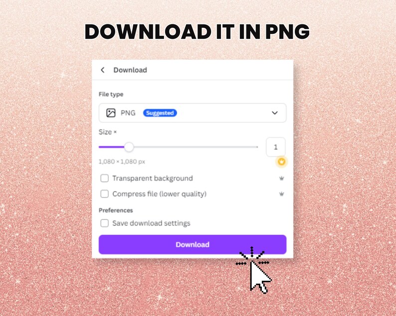K&ouml;nnte beinhalten: Ein Screenshot eines Download-Fensters mit Optionen zur Auswahl des Dateityps, der Gr&ouml;&szlig;e und der Einstellungen f&uuml;r das Herunterladen eines PNG-Bildes. Die Optionen umfassen "PNG", "Transparenter Hintergrund", "Datei komprimieren (niedrigere Qualit&auml;t)" und "Download-Einstellungen speichern". Die Download-Schaltfl&auml;che ist mit einem gelben Stern hervorgehoben.