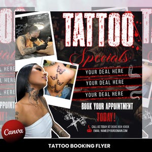 May include: A tattoo booking flyer with the word "TATTOO" in large white letters with a red outline. The flyer includes images of tattoos and people getting tattoos, along with the text "Specials" and "Book Your Appointment Today!"