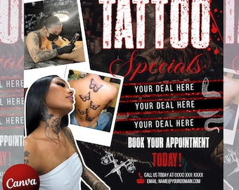 May include: A tattoo booking flyer with the word "TATTOO" in large white letters with a red outline. The flyer includes images of tattoos and people getting tattoos, along with the text "Specials" and "Book Your Appointment Today!"