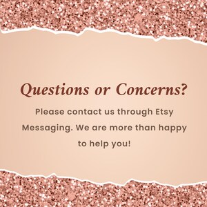 Puede incluir: Gr&aacute;fico digital con borde de purpurina oro rosa y fondo melocot&oacute;n claro. El texto en fuente marr&oacute;n oscuro dice "&iquest;Preguntas o inquietudes?" seguido de instrucciones para contactar a trav&eacute;s de mensajes de Etsy.