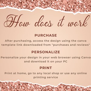 May include: A pink and gold glitter background with a white text box. The text box contains instructions on how to use a Canva template. The text reads: "How does it work? PURCHASE After purchasing, access the design using the Canva template link downloaded from "purchases and reviews". PERSONALIZE Personalize your design in your web browser using Canva and download it on your PC. PRINT Print at home, go to any local shop or use any online printing service."