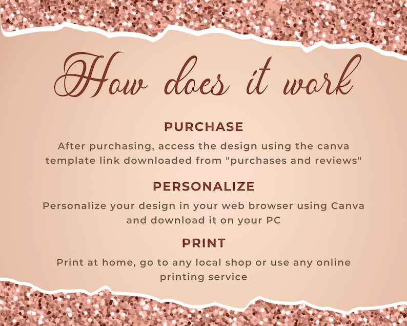May include: A pink and gold glitter background with a white text box. The text box contains instructions on how to use a Canva template. The text reads: "How does it work? PURCHASE After purchasing, access the design using the Canva template link downloaded from "purchases and reviews". PERSONALIZE Personalize your design in your web browser using Canva and download it on your PC. PRINT Print at home, go to any local shop or use any online printing service."