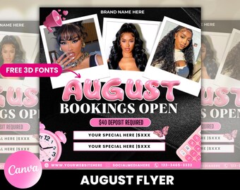 August Booking Flyer, Appointments Available Flyer, Monthly Books Open | Lashes Hair Nails MUA | DIY Social Media Editable Template | Canva