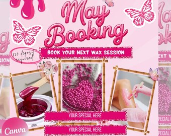 May include: Pink flyer with the text "May Booking" and "Book Your Next Wax Session." The flyer includes images of wax and butterflies. The text "Taurus Birthday Flyer" is at the bottom.