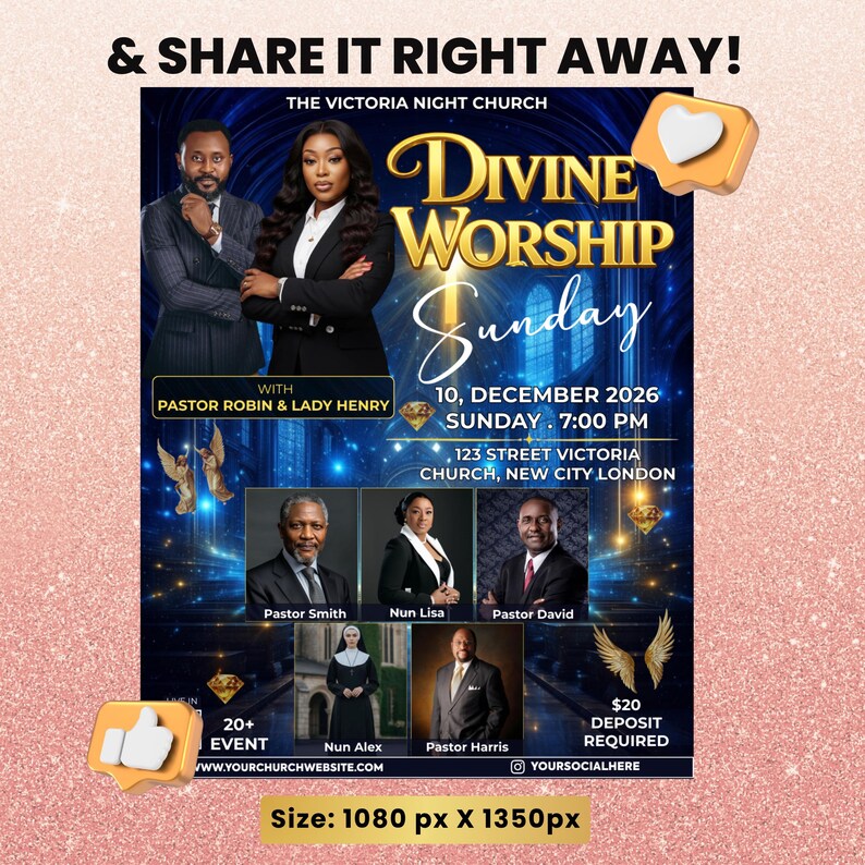 Puede incluir: Un folleto promocional para un evento de la iglesia, con el texto "Divine Worship Sunday". El folleto incluye im&aacute;genes de l&iacute;deres de la iglesia, detalles del evento e iconos de redes sociales. El evento est&aacute; programado para el 10 de diciembre de 2026 a las 19:00.