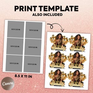 May include: Print template with six 3.5 x 3.5 inch squares and a sheet of six "Happy Birthday" stickers. The stickers feature a woman with gold balloons. The template is 8.5 x 11 inches. The Canva logo is in the bottom left corner.