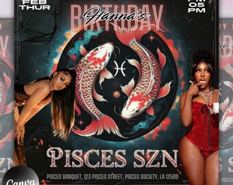 Pisces Birthday Flyer, Pisces Flyer, Birthday flyer, Pisces Bash Flyer, Bday Flyer, Birthday Event, Invitation Flyer, Canva Template