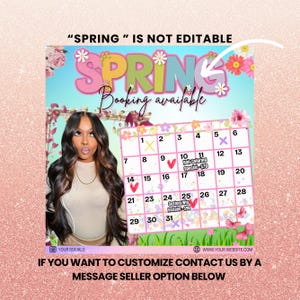 Puede incluir: Un calendario con un dise&ntilde;o floral y la palabra "SPRING" en letras de colores. El calendario es para reservar citas e incluye precios para la coloraci&oacute;n del cabello y la instalaci&oacute;n de pelucas. El texto "IF YOU WANT TO CUSTOMIZE CONTACT US BY A MESSAGE SELLER OPTION BELOW" est&aacute; en la parte inferior de la imagen.