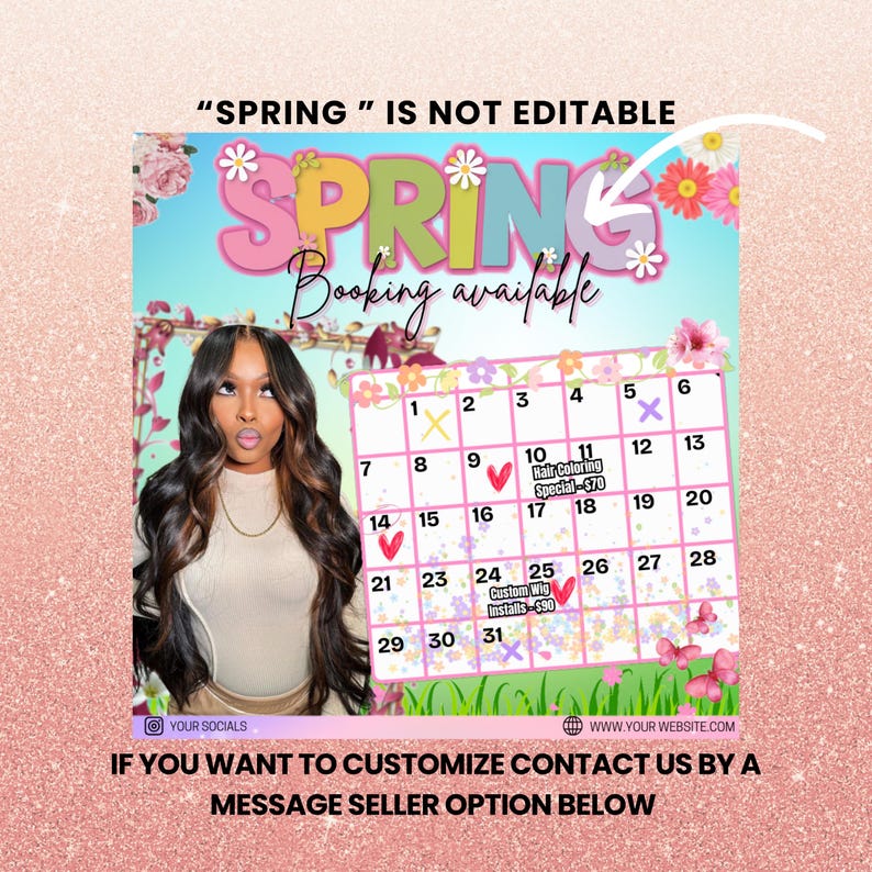 Puede incluir: Un calendario con un dise&ntilde;o floral y la palabra "SPRING" en letras de colores. El calendario es para reservar citas e incluye precios para la coloraci&oacute;n del cabello y la instalaci&oacute;n de pelucas. El texto "IF YOU WANT TO CUSTOMIZE CONTACT US BY A MESSAGE SELLER OPTION BELOW" est&aacute; en la parte inferior de la imagen.