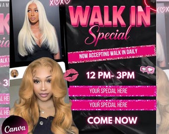 Editable Walk-Ins Appointment Flyer | Lashes, Nails, Hair Bundles | Book Now Flyer | Hair & Beauty Bookings | Canva Template