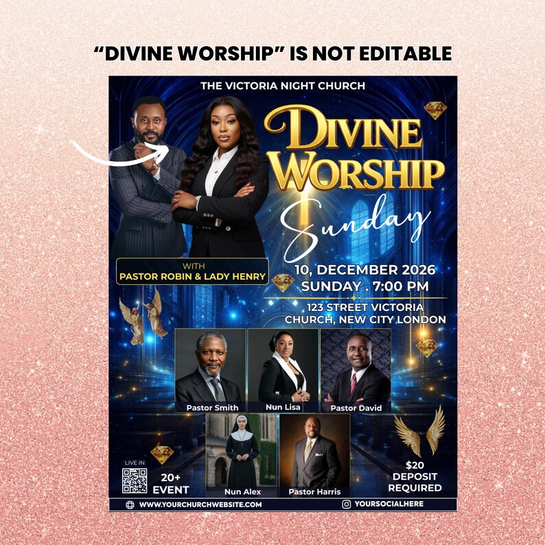 Puede incluir: Folleto promocional para "Divine Worship" en The Victoria Night Church. El dise&ntilde;o presenta im&aacute;genes de pastores y los detalles del evento: domingo 10 de diciembre de 2026, a las 19:00 horas, ubicado en 123 Street Victoria Church, New City London.
