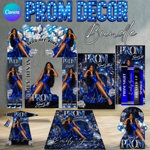 Benutzerdefinierte Prom Decor Canva Template Bundle, Ball Name Cutout, Blau & Silber Eingang Bogen Magazin Hintergrund Hut Bogen Wand Boden Wrap Dekor
