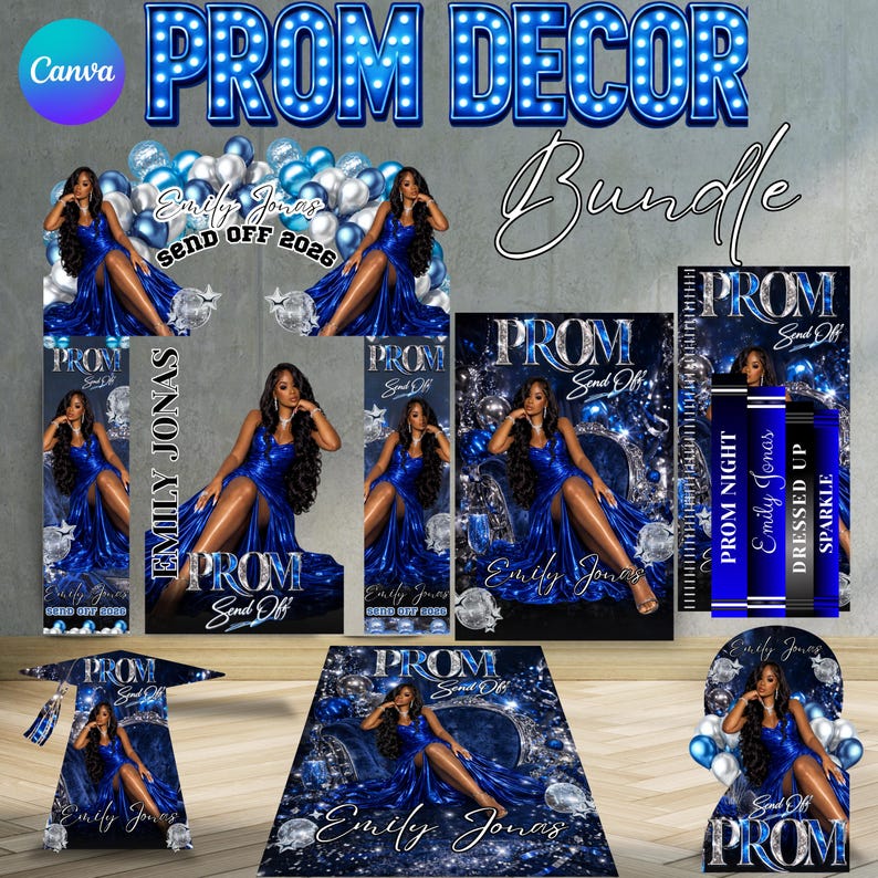 Custom Prom Decor Canva Template Bundle, Prom Name Cutout, Blue ...