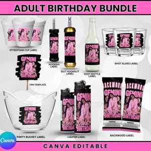 Puede incluir: Un paquete de cumpleaños para adultos con etiquetas personalizadas para vasos de poliestireno, narguile, botellas, vasos de chupito, abanicos, cubos, encendedores y envoltorios. Cada artículo muestra un gráfico de cumpleaños Gemini rosa.