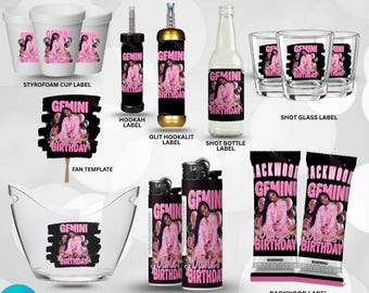 Gemini Birthday Party Favor Templates, Olit Hookah Pen Label, Styrofoam Cups, Shot Glass, Birthday Party Hat, Lighter Label, Fan