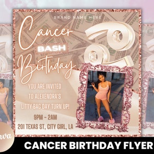Cancer Birthday Flyer, Birthday Template, Birthday Girl, Party Flyer, Celebration Flyer, Birthday Event, Birthday Invite, Canva Template